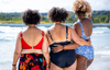 (L-R) Jayne wears Adjustable Plunge Bikini Top Scarlet, size 16 Monroe; Amy wears Reversible Plunge Swimsuit Leopard & Black, size 16 Hendricks; Sima wears Adjustable Plunge High Waist Bikini Set Mountain River, size 18 Hendricks