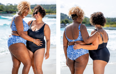 (L-R) Sima wears Reversible Plunge High Waist Bikini Set Mountain River, size 18 Hendricks; Amy wears Reversible Plunge Swimsuit Leopard & Black, size 16 Hendricks