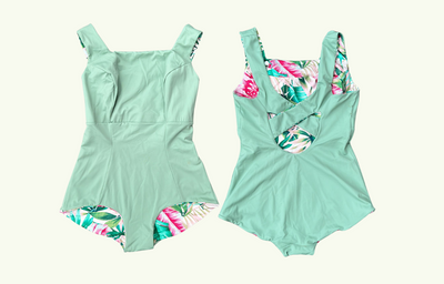 SAMPLE: Reversible X-Back Swimsuit Pink Green Fern & Sage - Size 14 Hendricks (F-HH cup)