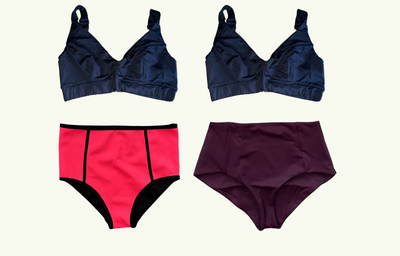 SAMPLE: Adjustable Plunge Bikini Trio size 8 Hendricks (F-HH cup) With Coral & Plum High Waisted Bikini Bottom