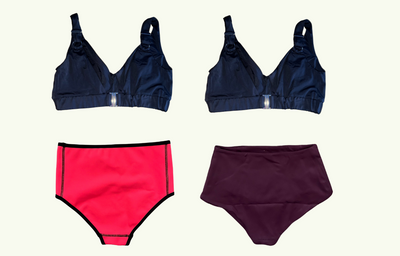 SAMPLE: Adjustable Plunge Bikini Trio size 8 Hendricks (F-HH cup) With Coral & Plum High Waisted Bikini Bottom