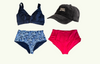 SAMPLE: Adjustable Plunge Bikini Set size 8 Monroe (C-E cup) With Scarlet & Mountain River High Waist Bikini Bottoms & Black Cap