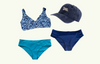 SAMPLE: Adjustable Plunge Blues Set size 8 Hepburn (AA-B cup) With Teal & Navy Regular Bikini Bottoms and Navy Cap