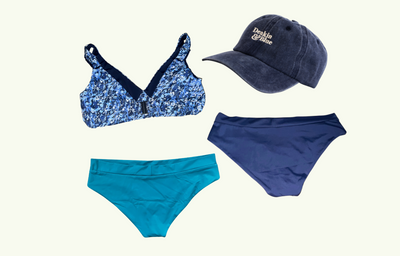 SAMPLE: Adjustable Plunge Blues Set size 8 Hepburn (AA-B cup) With Teal & Navy Regular Bikini Bottoms and Navy Cap