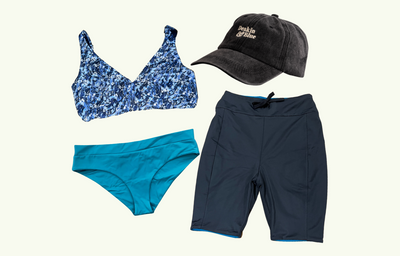 SAMPLE: Adjustable Plunge Set size 8 Monroe (C-E cup) With Reversible Swim Shorts, Regular Teal Bikini Bottoms & Black Cap