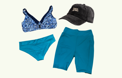 SAMPLE: Adjustable Plunge Set size 8 Monroe (C-E cup) With Reversible Swim Shorts, Regular Teal Bikini Bottoms & Black Cap