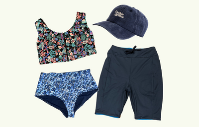 SAMPLE: Swimcrop Set size 8 Hepburn (AA-B cup) With Mountain River High Waist Bikini Bottoms, Reversible Swim Shorts & Navy Cap