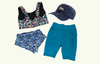 SAMPLE: Swimcrop Set size 8 Hepburn (AA-B cup) With Mountain River High Waist Bikini Bottoms, Reversible Swim Shorts & Navy Cap