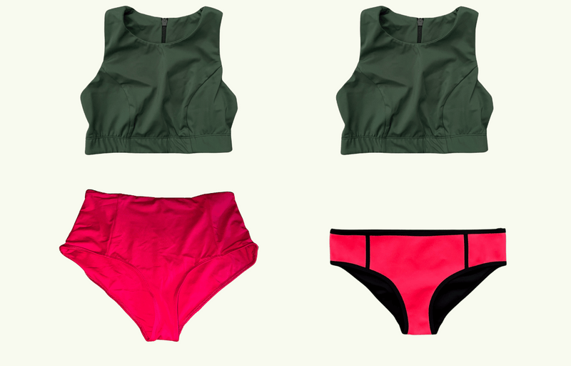 SAMPLE: Sports Swimbra Forest Green Size 10 Hepburn (AA-B cup) with Scarlet High Waisted & Coral Low Rise Bikini Bottoms