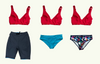 SAMPLE: Scarlet Plunge Bikini Trio Set - Size 8 Monroe (C-E cup) with Lily & Teal regular bikini bottoms & reversible swim shorts