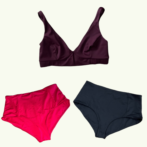 SAMPLE: Plunge Bikini Top Trio Set Size 18 Hepburn (AA-B cup) with Black & Scarlet High Waist Bikini Bottoms