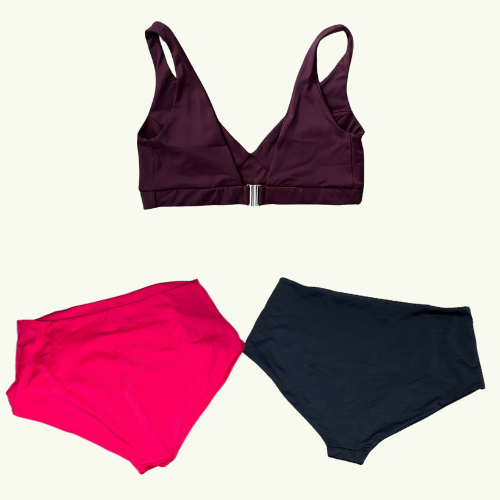 SAMPLE: Plunge Bikini Top Trio Set Size 18 Hepburn (AA-B cup) with Black & Scarlet High Waist Bikini Bottoms