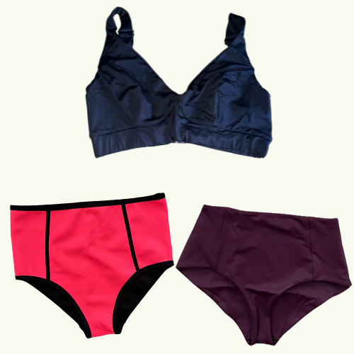 SAMPLE: Adjustable Plunge Bikini Trio size 8 Hendricks (F-HH cup) With Coral & Plum High Waisted Bikini Bottom