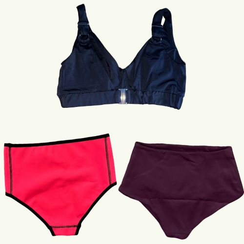 SAMPLE: Adjustable Plunge Bikini Trio size 8 Hendricks (F-HH cup) With Coral & Plum High Waisted Bikini Bottom