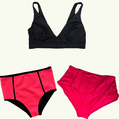 SAMPLE: Plunge Bikini Trio size 8 Hendricks (F-HH cup) With Coral & Scarlet High Waisted Bikini Bottoms