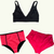 SAMPLE: Plunge Bikini Trio size 8 Hendricks (F-HH cup) With Coral & Scarlet High Waisted Bikini Bottoms