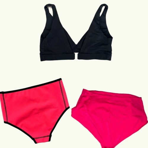 SAMPLE: Plunge Bikini Trio size 8 Hendricks (F-HH cup) With Coral & Scarlet High Waisted Bikini Bottoms