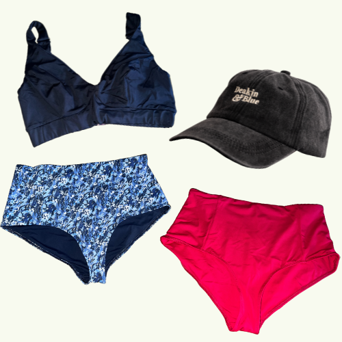 SAMPLE: Adjustable Plunge Bikini Set size 8 Monroe (C-E cup) With Scarlet & Mountain River High Waist Bikini Bottoms & Black Cap