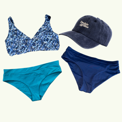 SAMPLE: Adjustable Plunge Blues Set size 8 Hepburn (AA-B cup) With Teal & Navy Regular Bikini Bottoms and Navy Cap