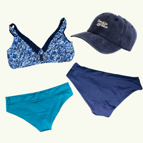 SAMPLE: Adjustable Plunge Blues Set size 8 Hepburn (AA-B cup) With Teal & Navy Regular Bikini Bottoms and Navy Cap