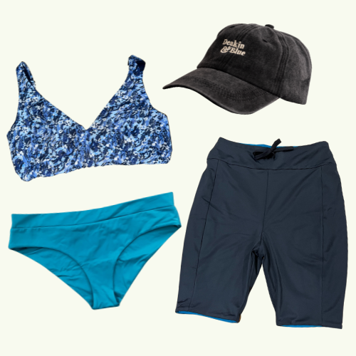 SAMPLE: Adjustable Plunge Set size 8 Monroe (C-E cup) With Reversible Swim Shorts, Regular Teal Bikini Bottoms & Black Cap