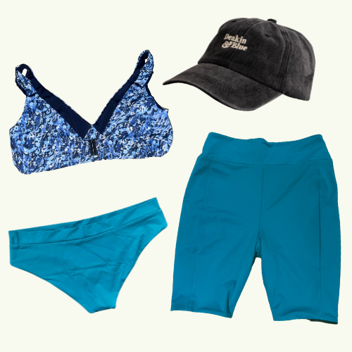 SAMPLE: Adjustable Plunge Set size 8 Monroe (C-E cup) With Reversible Swim Shorts, Regular Teal Bikini Bottoms & Black Cap