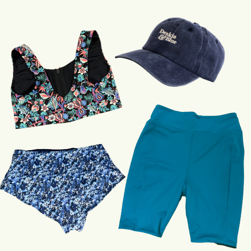 SAMPLE: Swimcrop Set size 8 Hepburn (AA-B cup) With Mountain River High Waist Bikini Bottoms, Reversible Swim Shorts & Navy Cap