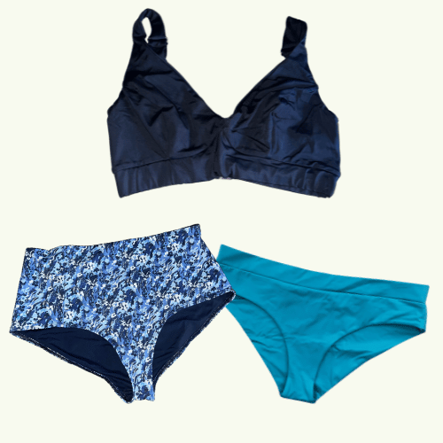 SAMPLE: Adjustable Plunge Bikini Trio size 8 Hepburn (AA-B cup) With Mountain River & Teal Bottoms