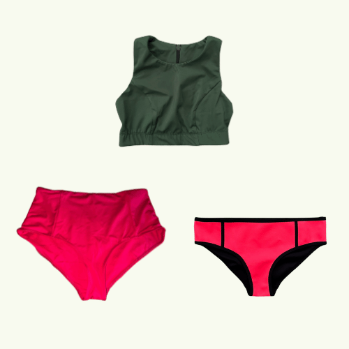 SAMPLE: Sports Swimbra Forest Green Size 10 Hepburn (AA-B cup) with Scarlet High Waisted & Coral Low Rise Bikini Bottoms