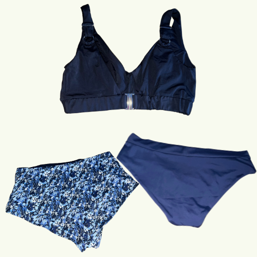 SAMPLE: Adjustable Plunge Bikini Trio size 8 Monroe (C-E cup) With Mountain River & Navy Bikini Bottoms