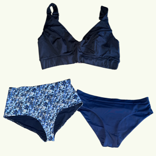 SAMPLE: Adjustable Plunge Bikini Trio size 8 Monroe (C-E cup) With Mountain River & Navy Bikini Bottoms