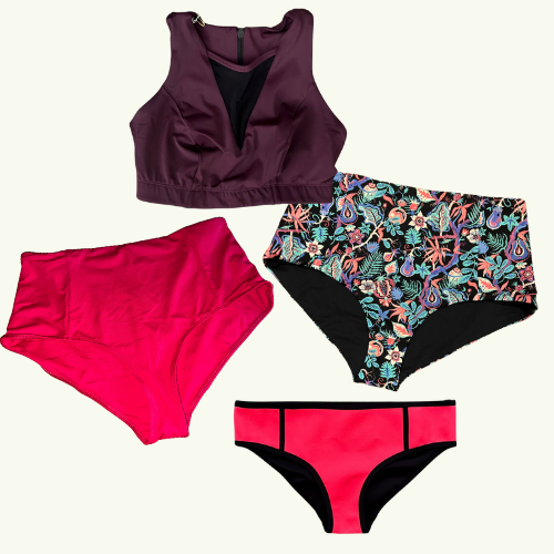 SAMPLE: Plum Swimbra Bikini Trio size 10 Hendricks (F-HH cup) with Scarlet & Liberty Print High Waisted, & Coral Low Rise Bikini Bottoms